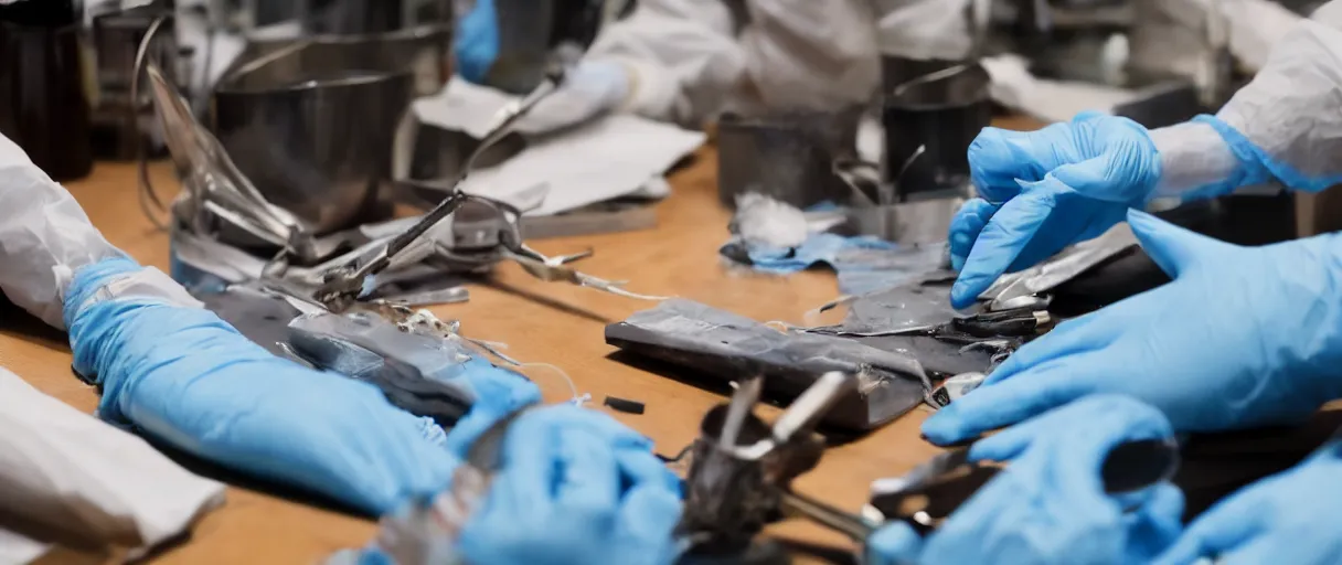 Prompt: filmic dutch angle extreme closeup movie still 4 k uhd 3 5 mm film color photograph of hands wearing surgical gloves holding dissection tools