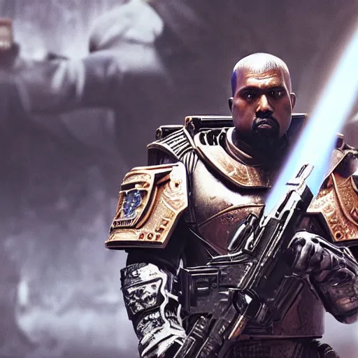 Image similar to Kanye West as the emperor of humanity from warhammer 40k in Gears of War, splash art, movie still, cinematic lighting, detailed face, dramatic, octane render, long lens, shallow depth of field, bokeh, anamorphic lens flare, 8k, hyper detailed, 35mm film grain