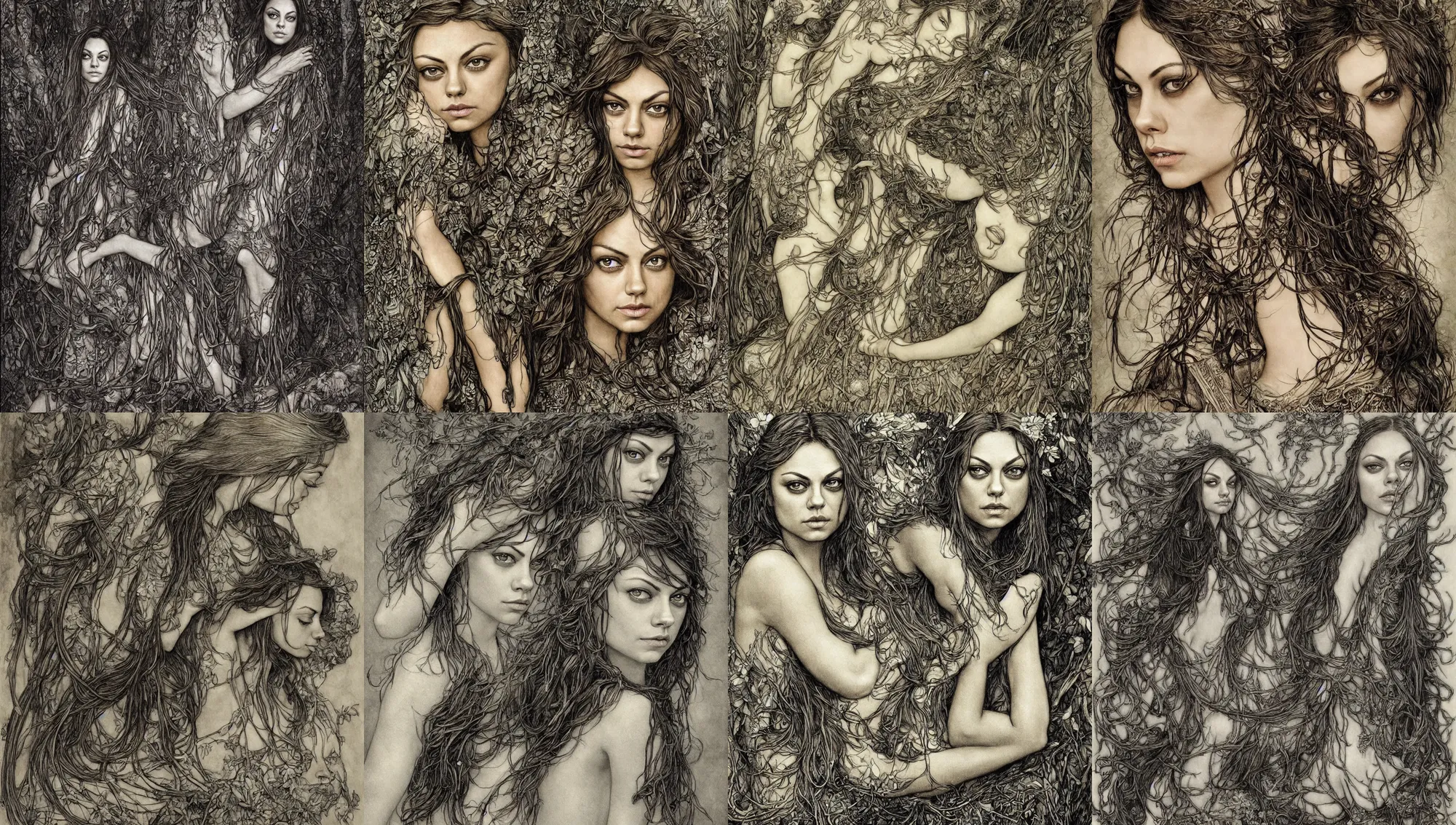 Prompt: beautiful mila kunis in the style of arthur rackham, realistic technicolor, wide focus, 8 k ultra, insanely detailed, intricate, elegant, art by laurie lipton, digital art by james clyne, art by steve hanks