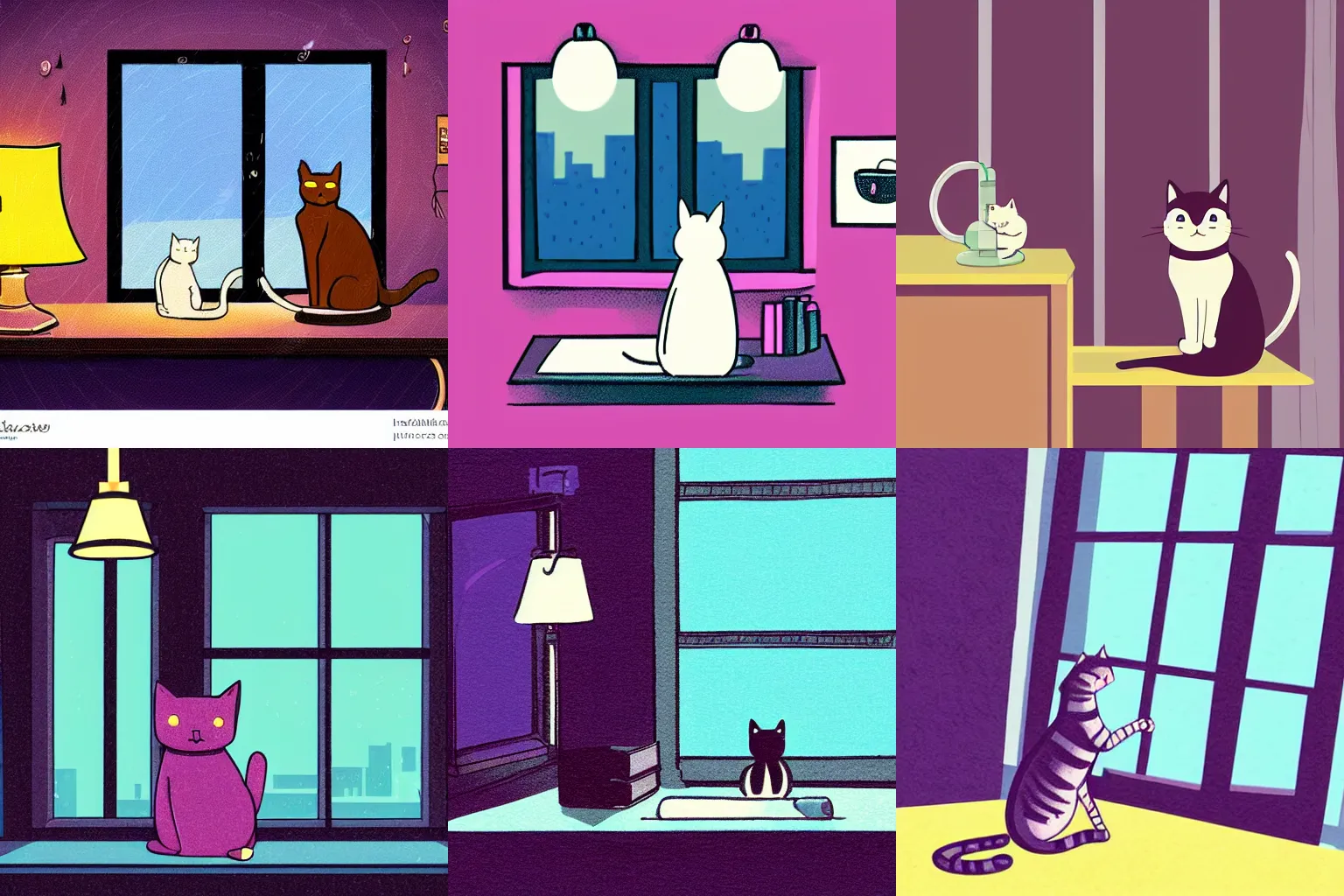 Prompt: cat sitting on a desk with a lamp, looking outside a window, rainy city at night, dark violet color palette, lofi anime illustration
