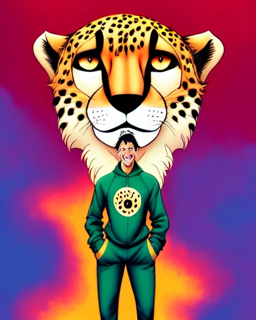 Image similar to don bluth, loish, artgerm, joshua middleton, anthropomorphic cheetah, wearing a track suit, smiling, symmetrical eyes symmetrical face, colorful animation forest background