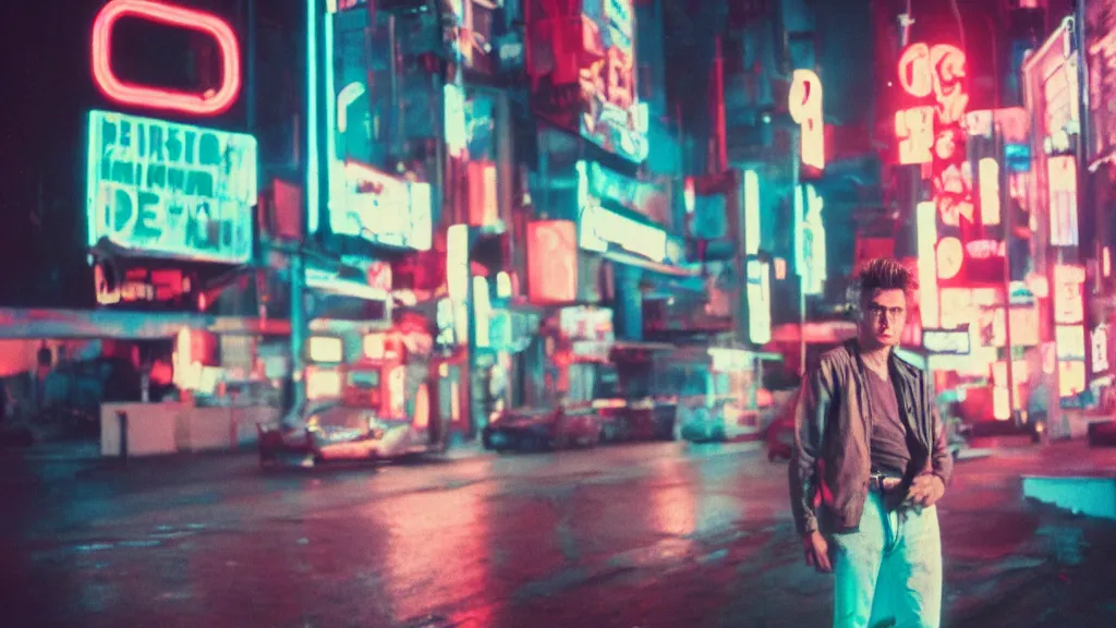 Image similar to portrait of James Dean in a cyberpunk cityscape with neon lights, Cinestill 800t film photo