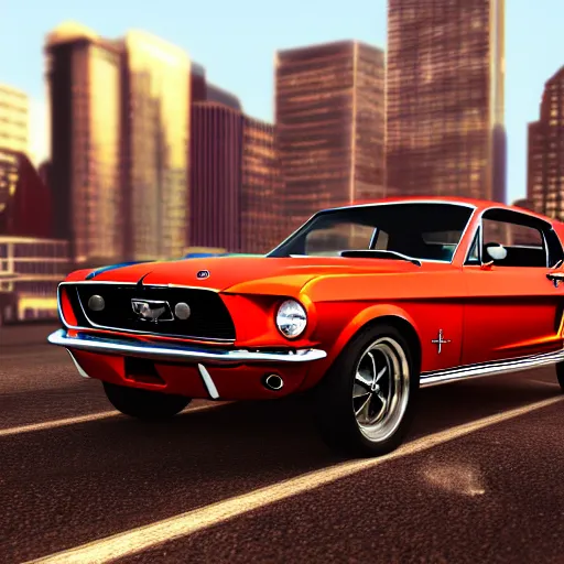 Prompt: 1 9 6 8 ford mustang during golden hour, view of new york in warm light, highly detailed, artstation, concept art
