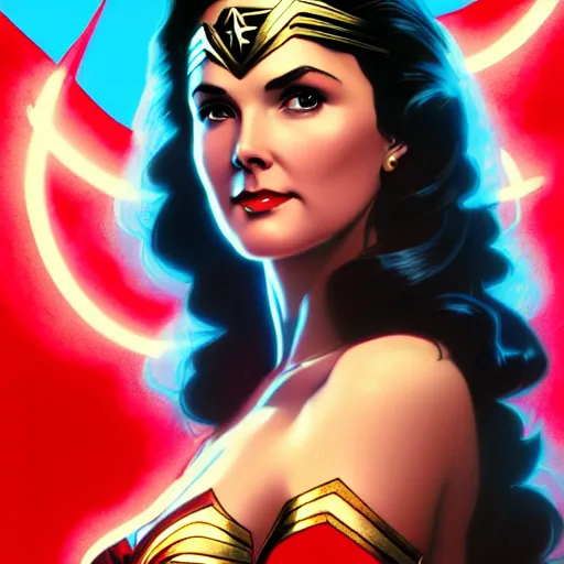 Image similar to a young lynda carter as wonder woman, volumetric lights, red and cyan theme, art nouveau botanicals, intricate, highly detailed, digital painting, artstation, concept art, smooth, sharp focus, cinematic, illustration, beautiful face, art by artgerm and greg rutkowski and alphonse mucha