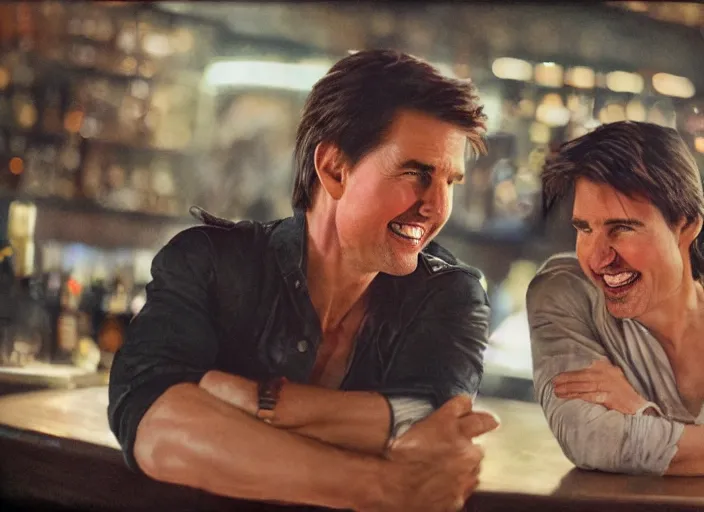 Image similar to hyper realistic tom cruise hanging out with tom cruise at a bar, by greg rutkowski, 4 k, 8 k, masterpiece