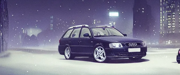 Image similar to Audi A4 B6 Avant (2002) chased by the mafia, a gritty neo-noir, dramatic lighting, cinematic, establishing shot, extremely high detail, photorealistic, cinematic lighting, artstation, by simon stalenhag, Max Payne (PC) (2001) winter new york at night, dark night, bright lights, eldritch horror