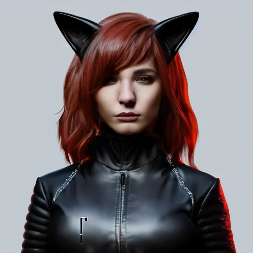 Image similar to painting of high detail girl a wearing skintight leather jacket, cat ears, fantasy art, dynamic lighting, artstation, poster, volumetric lighting, 4 k, award winning