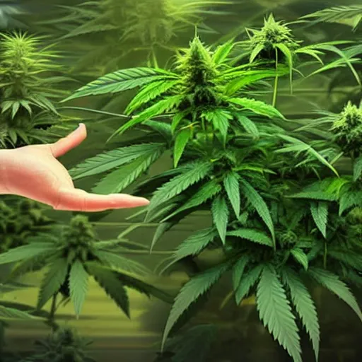 Prompt: the devil spreads his hands against the background of growing cannabis. realistic rendering