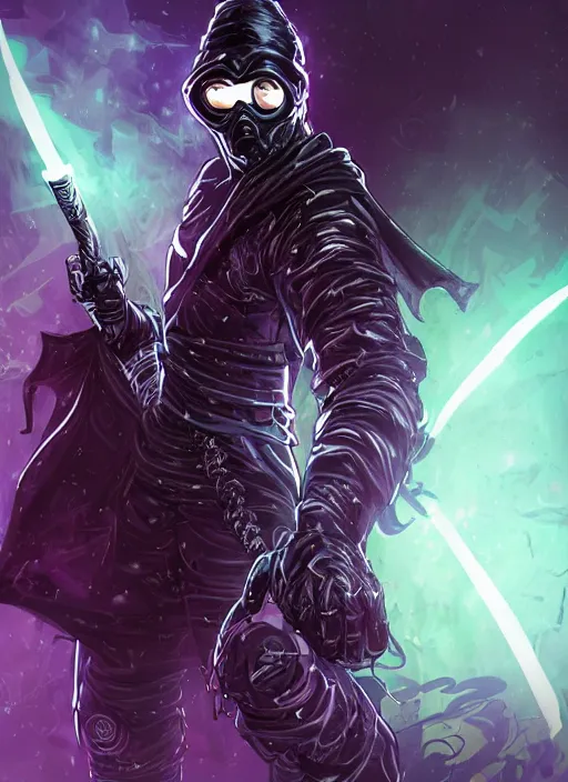 Prompt: An epic fantasy comic book style portrait painting of A dark hero with a ninja outfit, wearing a black hood and a black cape and a metal gas mask, wearing futuristic purple neon glasses. He is squating in the edge of a gothic building in a cyberpunk neon city with two purple energy sabers in hands. It\'s a misty night. Unreal 5, DAZ, hyperrealistic, octane render, cosplay, RPG portrait, dynamic lighting