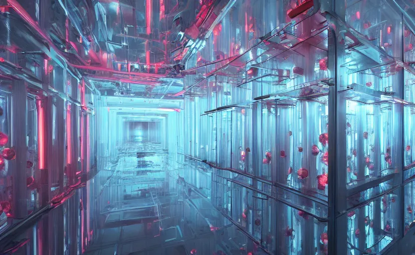 Prompt: a stunning photo of a dark derelict sci-fi biosafety level 4 ward belonging to a company called Relith Science, with rows of glass cylinders holding different specimens of severed limbs, dark lighting, volumetric light, red, cyan, misty, ultra-detail, unreal engine 5, photorealistic