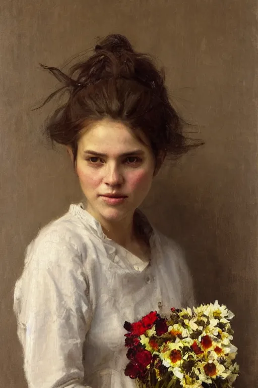 Image similar to Richard Schmid and Jeremy Lipking and Antonio Rotta full length portrait painting of a young beautiful traditonal dutch woman holding flowers