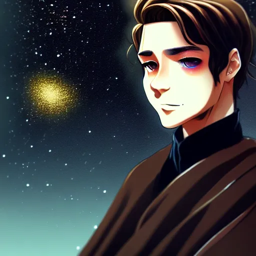 Image similar to a man with with brown hair, eyes with stars and galaxies in his eyes, wearing a black robe with the tips made of gold, anime, trending on artstation, high quality