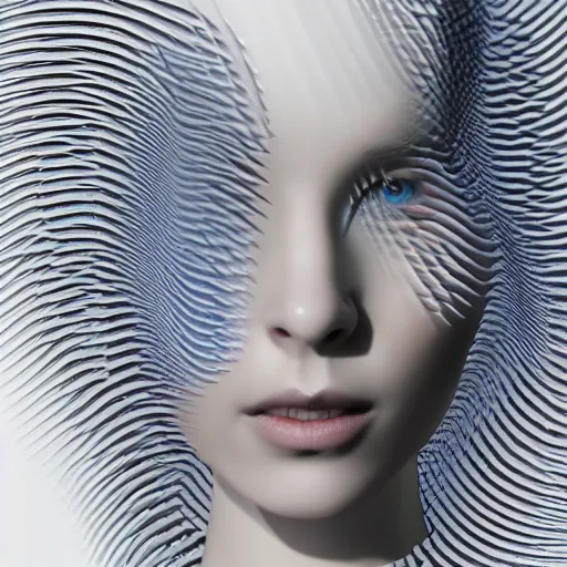 Prompt: three dimensional portrait of a woman inspired by data - driven art, generative, coding, particle waves, spirals