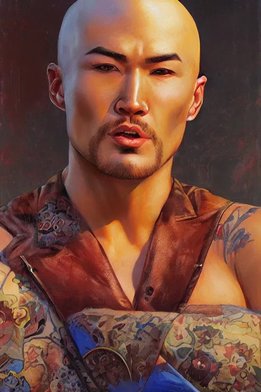 Image similar to beautiful gorgeous bald kazakh guy with a short beard, painted by tom lovell, alex malveda, greg staples