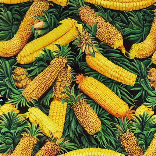 Prompt: pineapples, corn, and bananas in the jungle by kehinde wiley