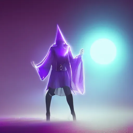 Image similar to luminescent purple wizard, female, dark background, volumetric fog, 4K