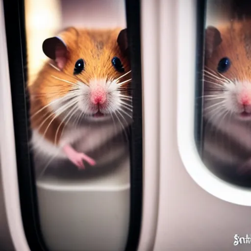 Prompt: photo of a hamster inside a metro train, looking out of a window, various poses, unedited, soft light, sharp focus, 8 k