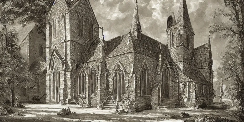 Image similar to a church in a village, d & d, fantasy, intricate, elegant, by george henry durrie