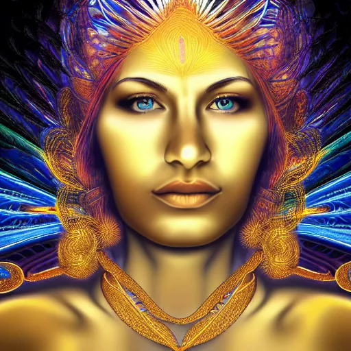 Prompt: cinematic realistic photo of golden godess portrait in the style of Alex grey