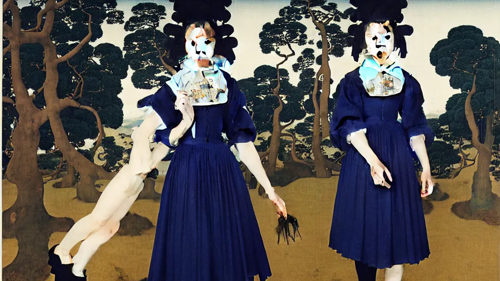 Prompt: portrait of a woman with blue frizzy hair, wearing a high collar black dress by alexander mcqueen and metallic platform shoes, standing in a botanical garden, bjork aesthetic, masterpiece, in the style of rogier van der weyden and jacopo da pontormo, punk, ukiyo - e