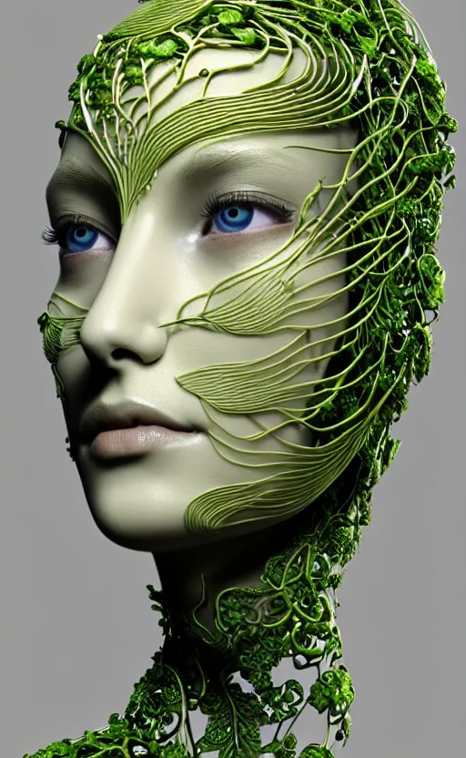 Image similar to complex 3d render of a beautiful porcelain profile woman face, vegetal dragon cyborg, 150 mm, beautiful natural soft light, rim light, silver gold metallic details, magnolia lime green big leaves and stems, ultra detailed , roots, fine lace, maze like, mandelbot fractal, anatomical, facial muscles, cable wires, microchip, elegant, white metallic armour, octane render, black and white, H.R. Giger style