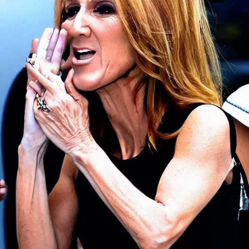 Image similar to celine dion crying, outside in dumpster lot