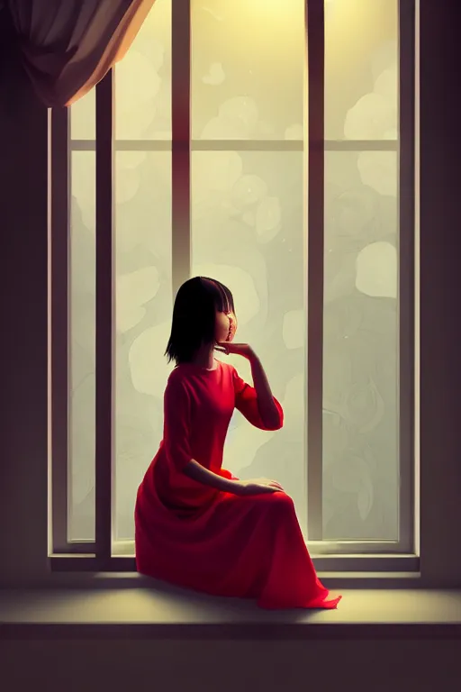 Image similar to joana sitting lookin at window composition : dynamic lighting, digital painting, center of interest, intricate, proportion, highly quality, balance, unity, extremely highly detailed. by bambang nurdianshyah ( details and background ) garis edelweiss ( lighting ) roby dwi antono ( character ) kira ayn varszegi ( dress )