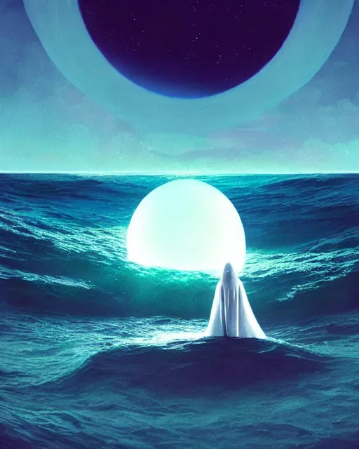 Image similar to a person wearing a white cloak standing in the water. a large planet is overhead. an album cover by stanley twardowicz, trending on cg society, retrofuturism, retrowave, chillwave, synthwave