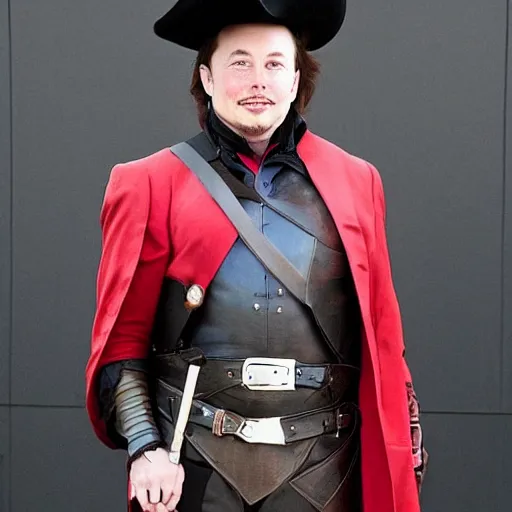 Prompt: full body photo of elon musk cosplaying a musketeer, he has a big black hat and holds a shiny sword