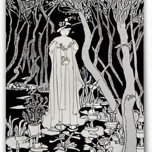 Image similar to a portrait of a character in a scenic environment by aubrey beardsley