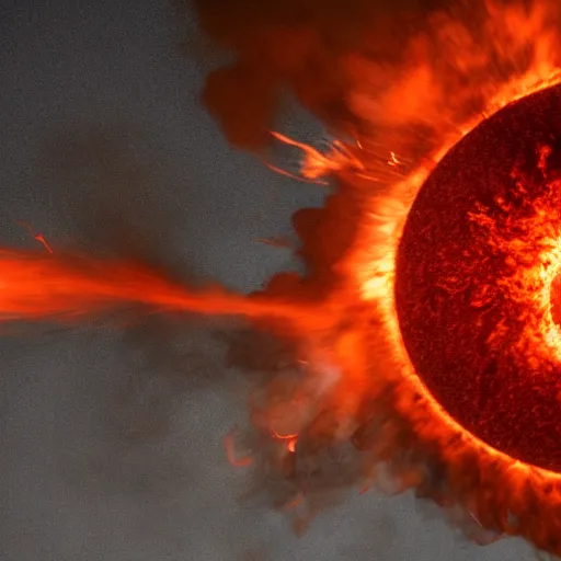 Image similar to red hot burning sphere embedded in fireball explosion with fire, 4 k