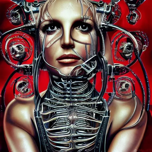 Image similar to britney spears encased in biomechanical machine, heavy conduits, complex scene, rich composition, heavy in detail, corruption, smooth, sharp focus, airbrush, illustration, symmetrical, art by h. r. giger