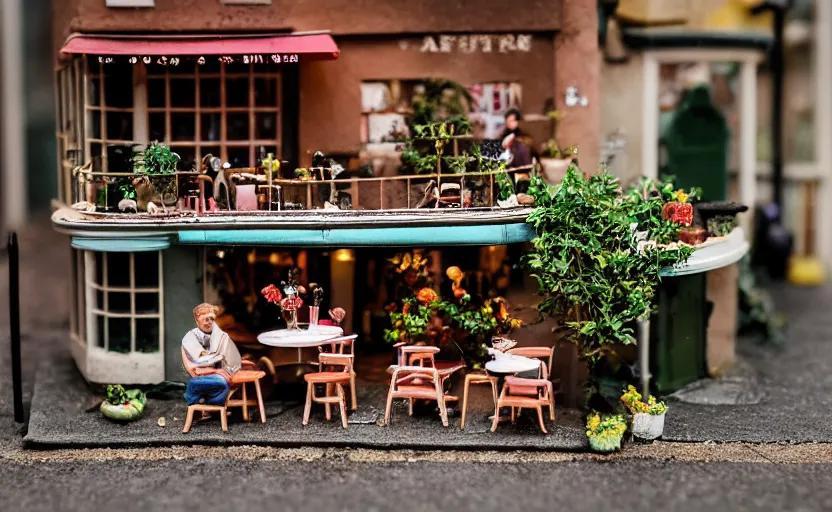 Image similar to miniature cafe diorama macro photography, cafe for mice, alleyway, ambient, atmospheric, british, bokeh, romantic