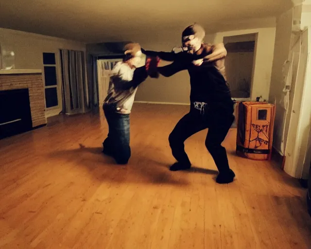 Image similar to transparent horror spirit attacks in living room interior photos shot on iphone, dynamic fight pose, full body shot, sharp focus, grainy, corpse, paranormal flashlight, deep night,