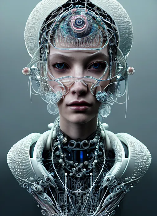 Image similar to portrait of an absurdly beautiful, graceful, sophisticated, fashionable cyberpunk mechanoid, hyperdetailed illustration by irakli nadar and alexandre ferra, intricate linework, white porcelain skin, faberge, coral headdress, unreal engine 5 highly rendered, global illumination, radiant light, detailed and intricate environment