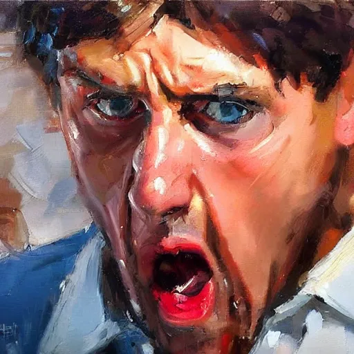 Prompt: closeup of a horrified person who just realized he is about to poop his pants. by michael garmash