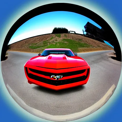 Image similar to Chevy Camaro in Minecraft high detail aesthetic fish eye lens