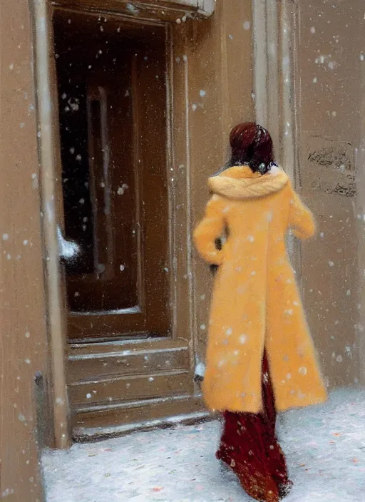 Prompt: back of emma stone in beige coat, orange hair, walking into new york apartment building in winter, opening door, building entrance, artwork by gaston bussiere, craig mullins, trending on artstation