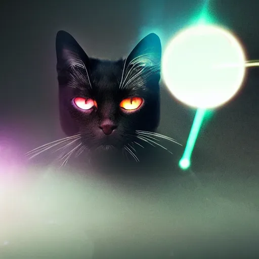 Image similar to cat android shooting laser from eyes, digital art, epic perspective, cinematic