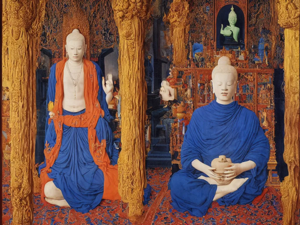 Prompt: Portrait of albino mystic with blue eyes, with Thai statue of the Buddha. Painting by Jan van Eyck, Audubon, Rene Magritte, Agnes Pelton, Max Ernst, Walton Ford