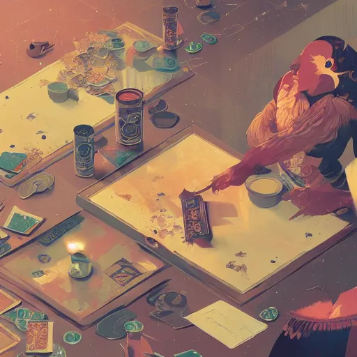 Image similar to cards on the table by victo ngai and greg rutkowski, trending on artstation, unreal engine, 4 k hd wallpaper