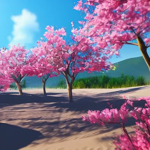 Prompt: very beautiful beach landscape with sakura trees, unreal engine