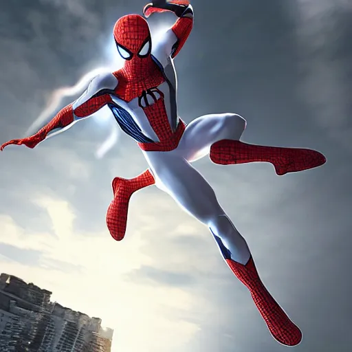 Image similar to white spider - man suit with black web lining, cinematic, volumetric lighting, realistic, hyperdetailed, photorealistic, photograph