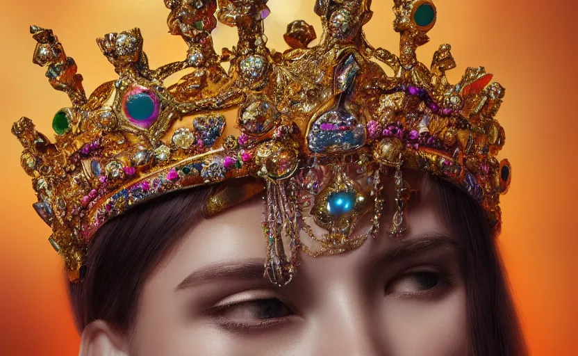 Image similar to Golden crown adorned with multicolored gems, hyperdetailed, artstation, cgsociety, golden hour 8k