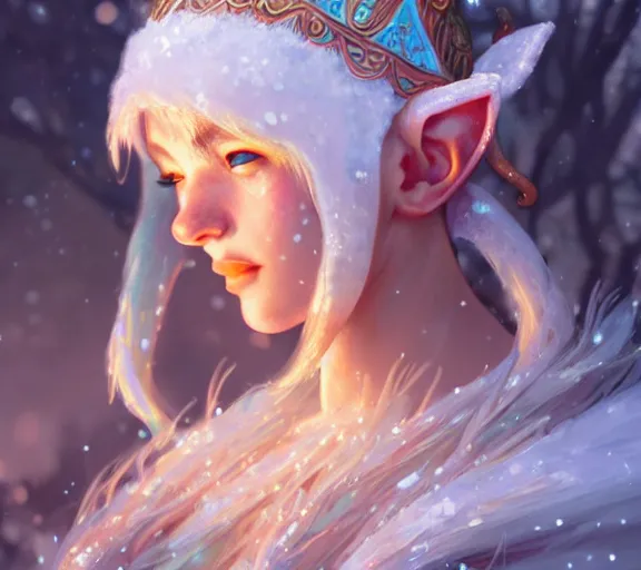 Image similar to beautiful ancient frost elf, fire in eye, snow glow, pool party, highly detailed, digital painting, artstation, sharp focus, illustration, art by tan zi and ayanamikodon and alphonse mucha and wlop