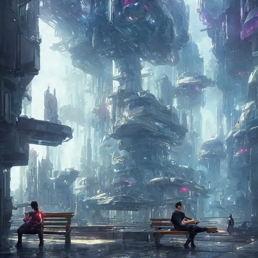 Prompt: cyborg sitting on a bench in futuristic city, stephen bliss, unreal engine, fantasy art by greg rutkowski, loish, rhads, ferdinand knab, makoto shinkai and lois van baarle, ilya kuvshinov, rossdraws, tom bagshaw, global illumination, radiant light, detailed and intricate environment