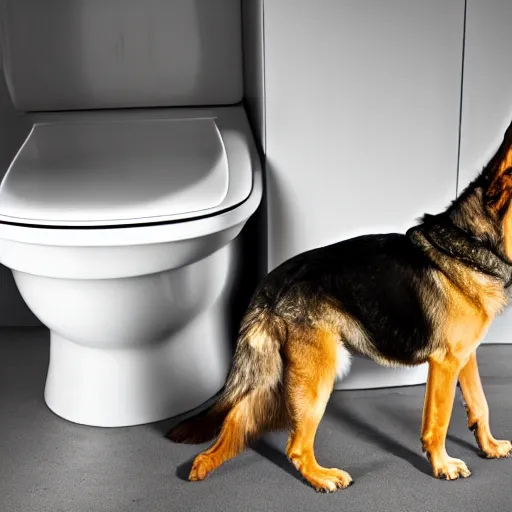 Image similar to German Shepperd sitting inside a toilet while having it's tongue out, 4k, high detail, photrealistic