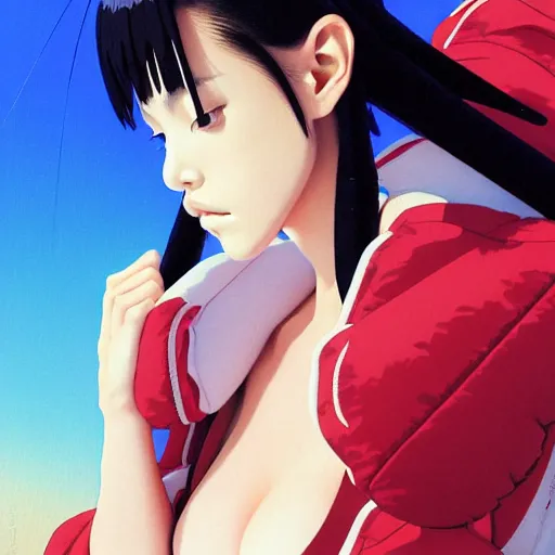 Image similar to a beautiful japanese natalie portman gravure model, wearing oversized native designer bomber jacket and leotard, bulky poofy bomber jacket with mesoamerican patterns, mesoamerican native street fashion, gapmoe yandere grimdark, trending on pixiv fanbox, painted by greg rutkowski makoto shinkai takashi takeuchi studio ghibli, akihiko yoshida