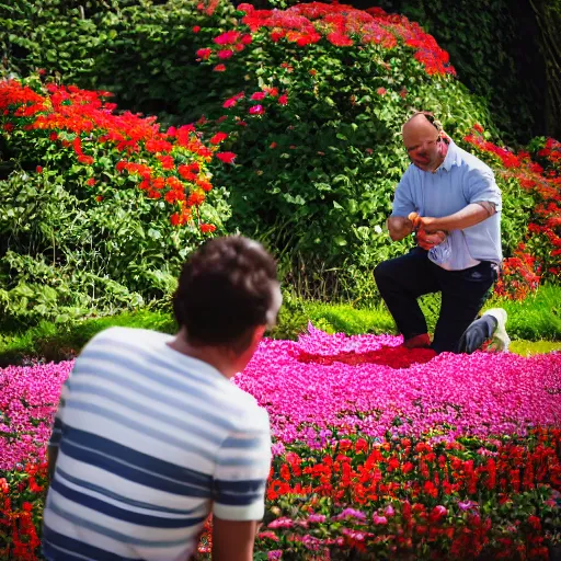 Image similar to a very confused man crouching down and inspecting a flower