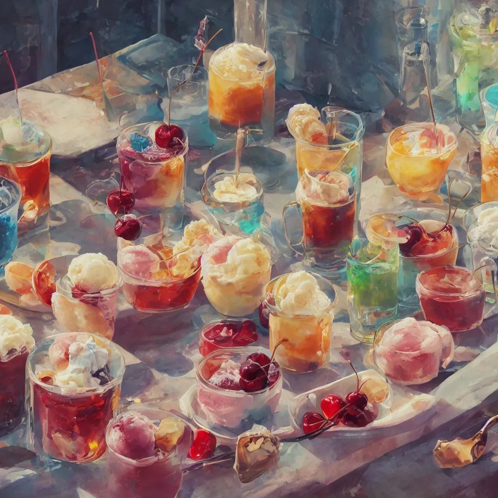 Image similar to a still life painting of cold drinks, ice cream, cherry embellishment, in the style of makoto shinkai, dreamy, soft, global illumination, radiant light, intricate environment, luminescence, highly detailed, 8 k